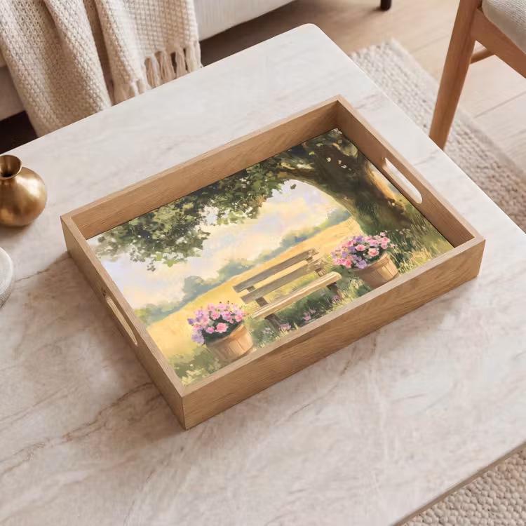 Dienblad - Houten bankje - Bloempotten - Landschap — 2