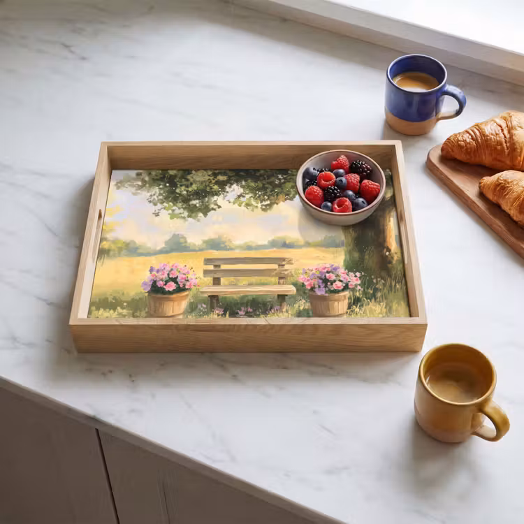Dienblad - Houten bankje - Bloempotten - Landschap — 3
