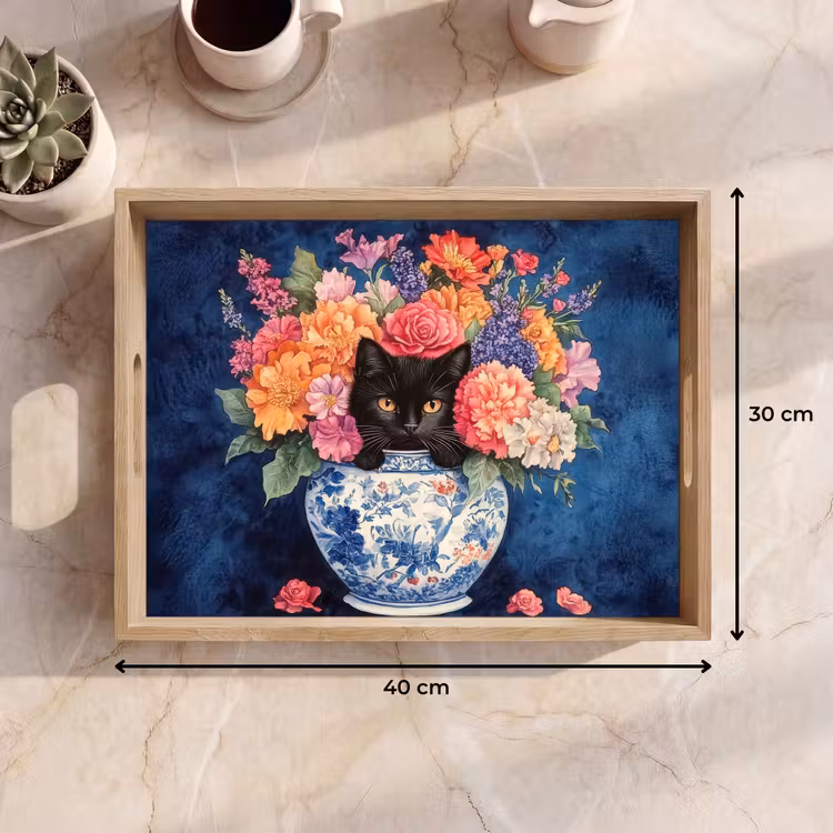 Dienblad - Kat - Felgekleurde bloemen - Vaas — 7