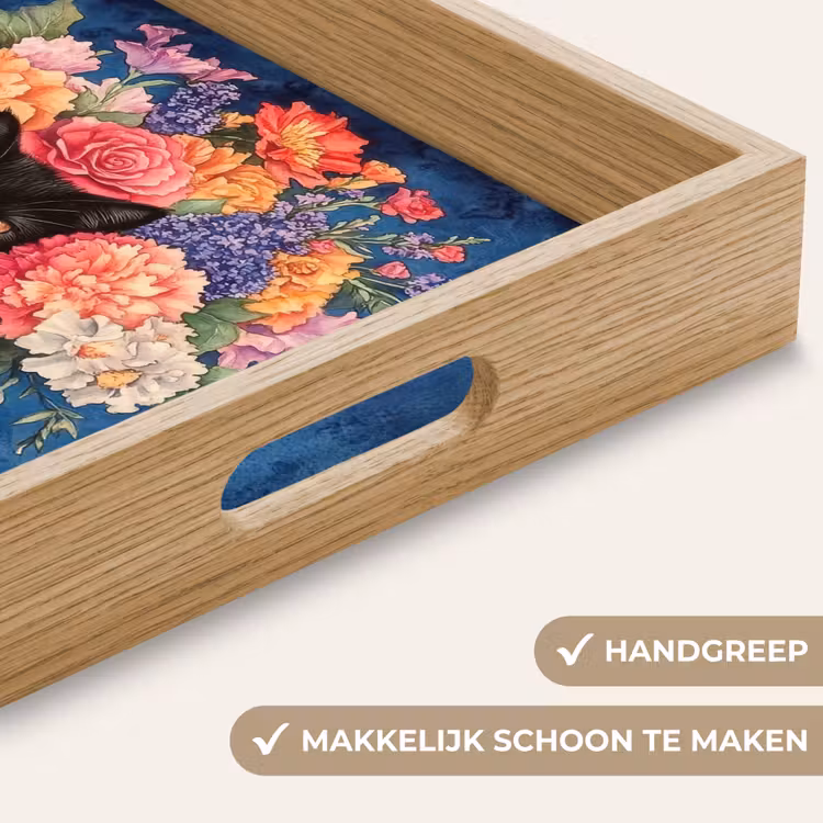 Dienblad - Kat - Felgekleurde bloemen - Vaas — 8