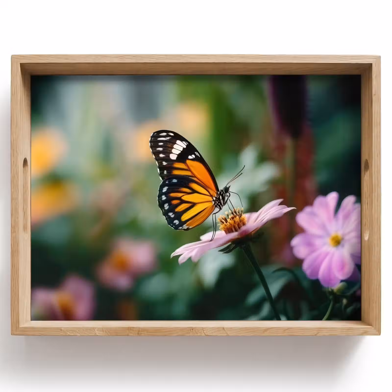 Dienblad - Roze bloemen - Vlinder - Zachte focus — 1