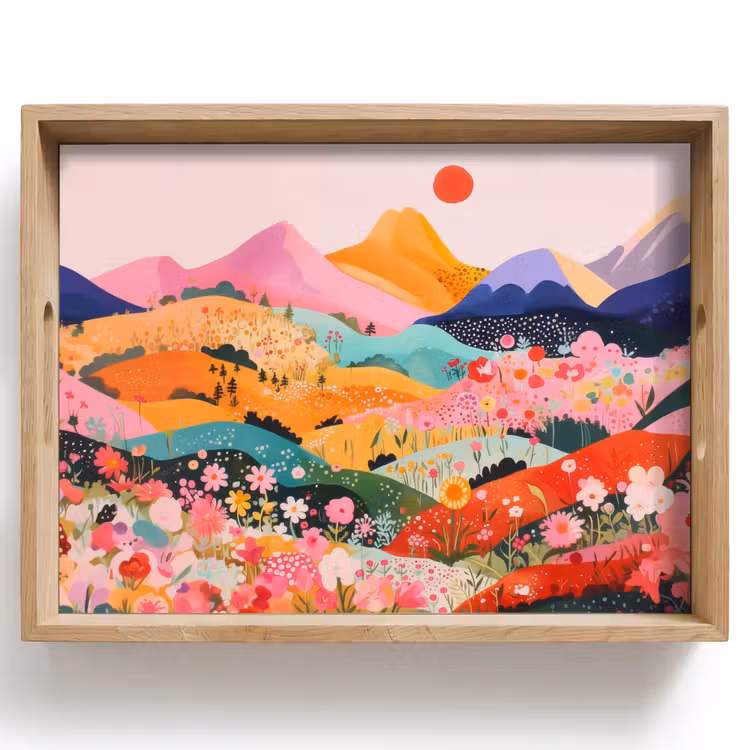 Dienblad - Kleurrijke bloemen - Bergen - Fantasielandschap — 1