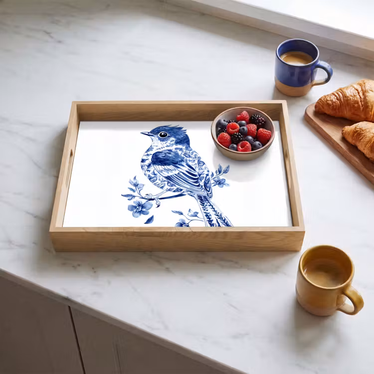 Dienblad - Vogel - Delfts blauw - Illustratie - Bloemen — 3