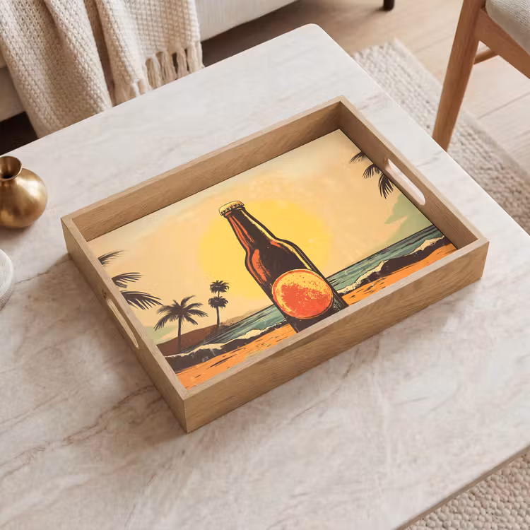 Dienblad - Bierfles - Zonsondergang - Palmbomen - Zee — 2
