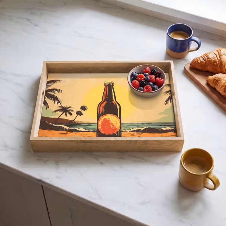 Dienblad - Bierfles - Zonsondergang - Palmbomen - Zee — 3