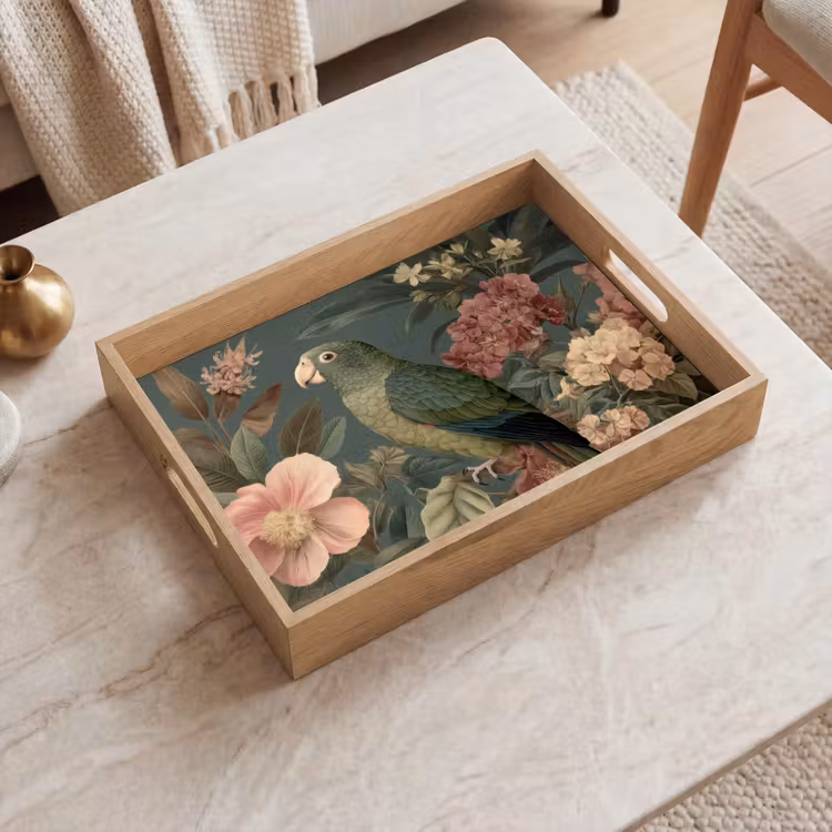 Dienblad - Groene papegaai - Kleurrijke bloemen - Donkere achtergrond — 2