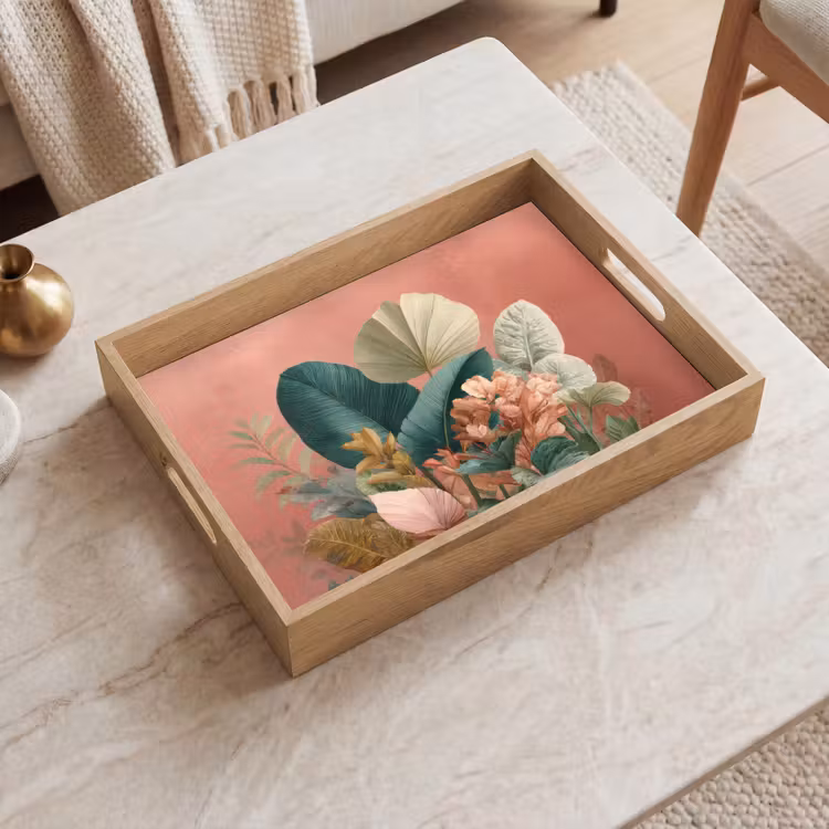 Dienblad - Tropische bladeren - Bloemen - Roze - groen — 2