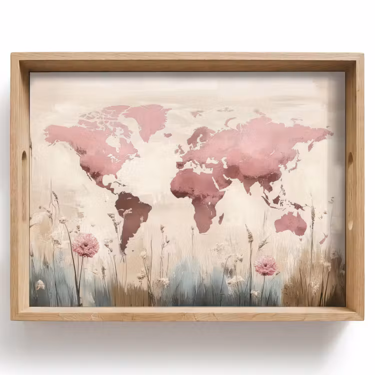 Dienblad - Wereldkaart - Roze - Bloemen — 1