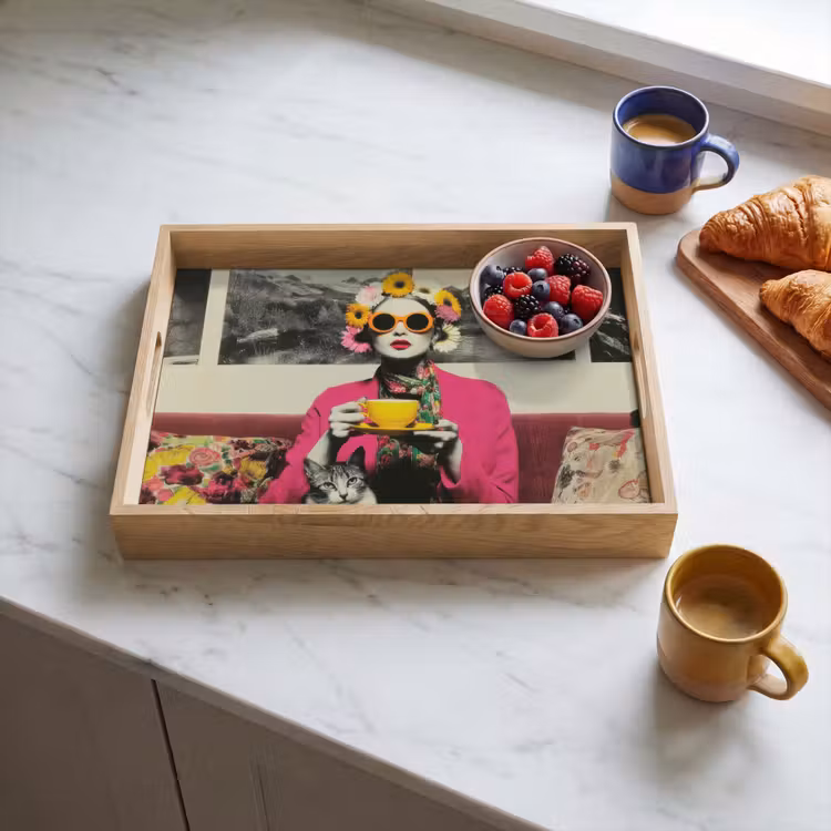 Dienblad - Vrouw - Kat - Bloemen - Kopje - Retro — 3