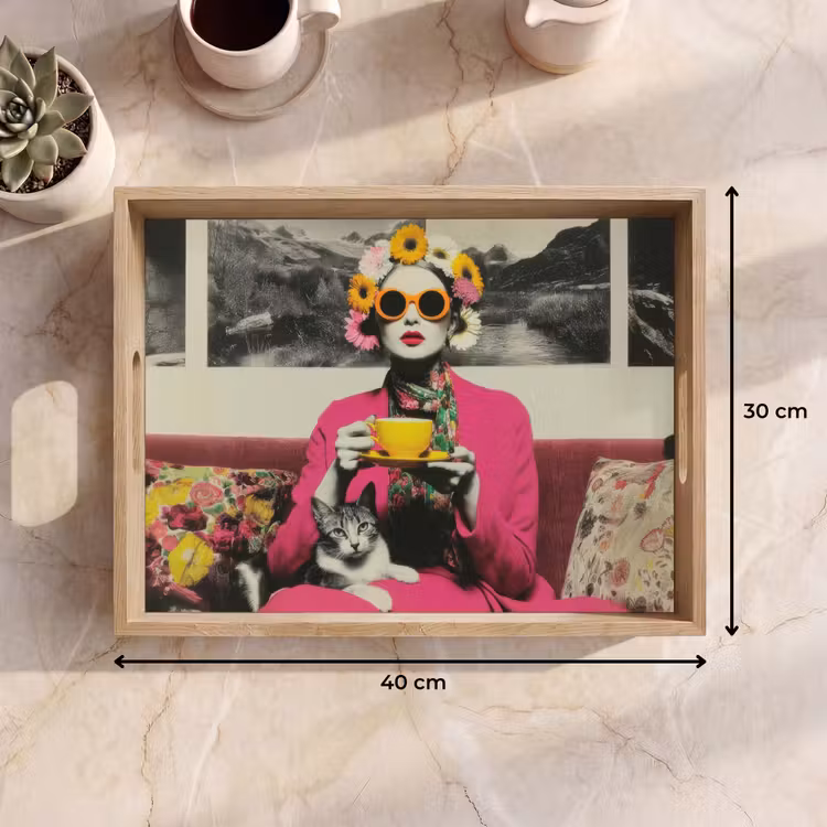 Dienblad - Vrouw - Kat - Bloemen - Kopje - Retro — 7
