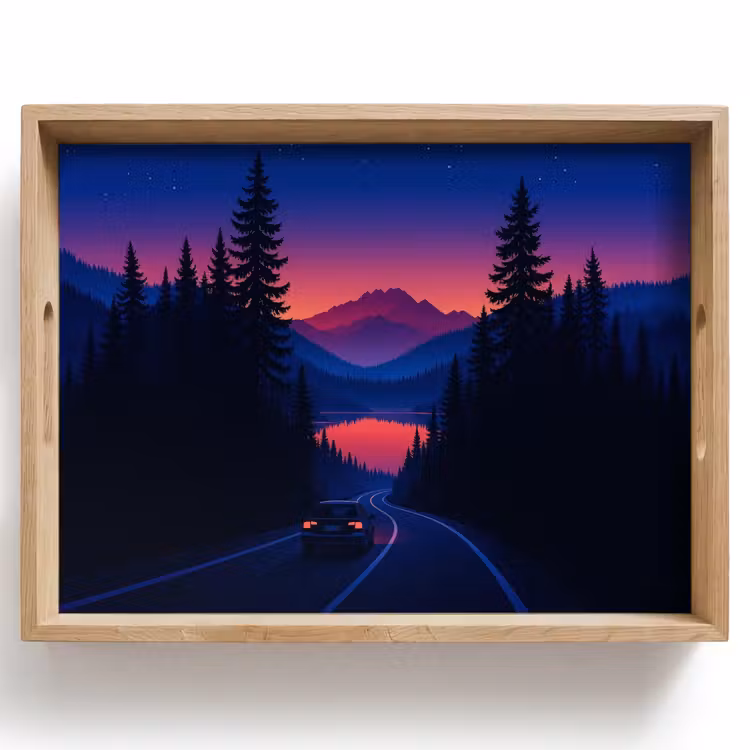 Dienblad - Auto - Donkere dennenbomen - Zonsondergang — 1