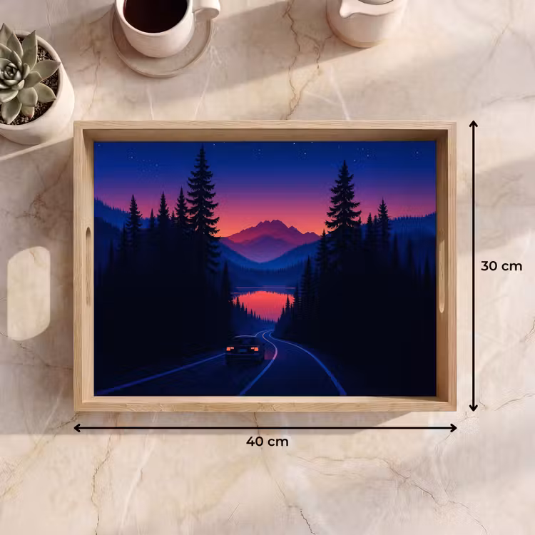 Dienblad - Auto - Donkere dennenbomen - Zonsondergang — 7