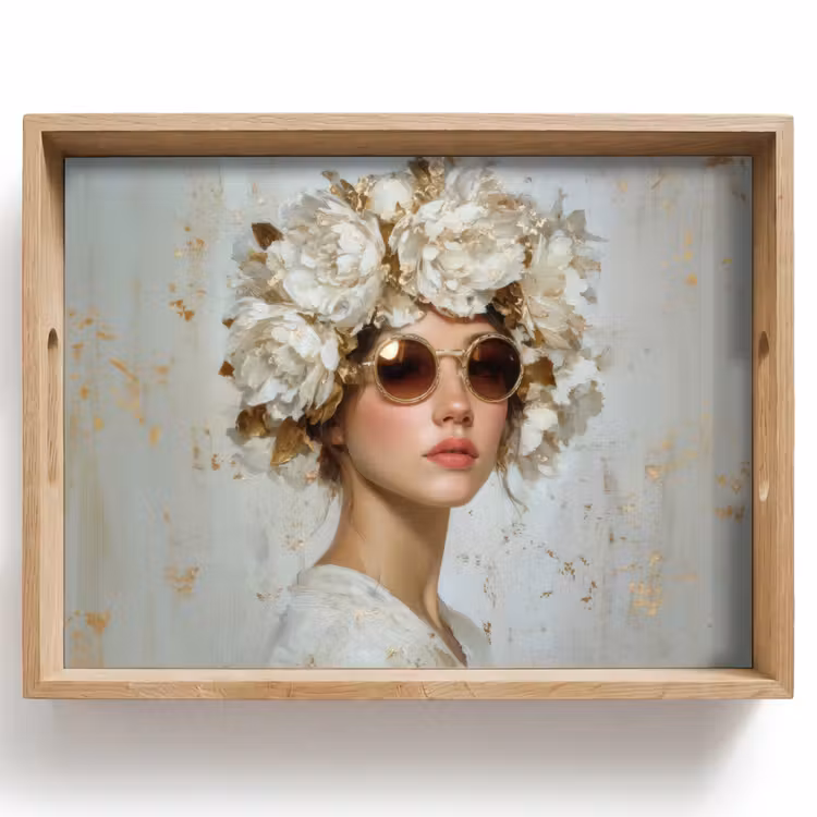 Dienblad - Schilderij - Vrouw - Zonnebril - Bloemenkrans — 1