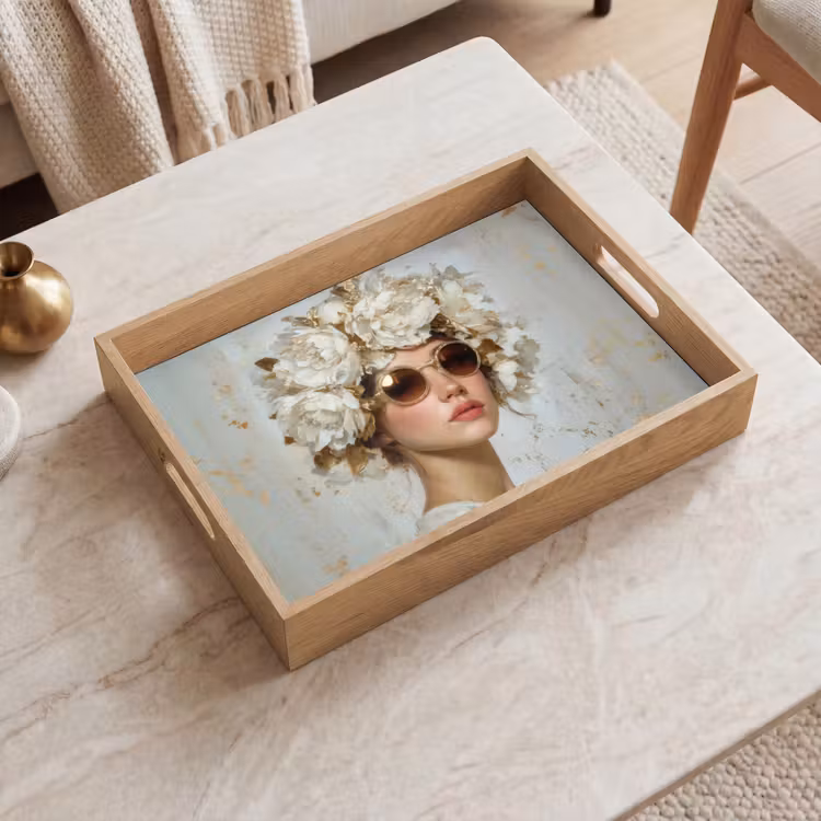 Dienblad - Schilderij - Vrouw - Zonnebril - Bloemenkrans — 2
