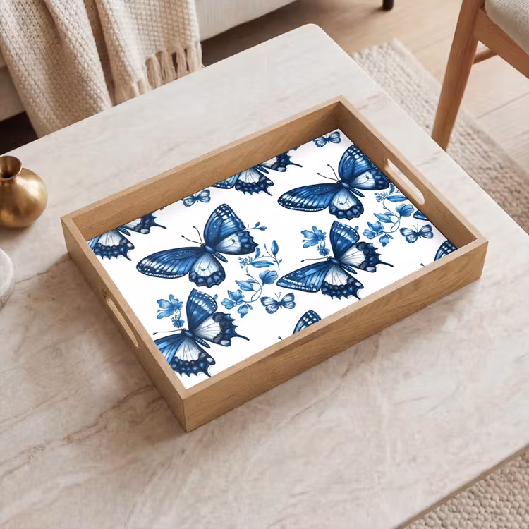 Dienblad - Blauw - Vlinders - Bloemen - Wit — 2