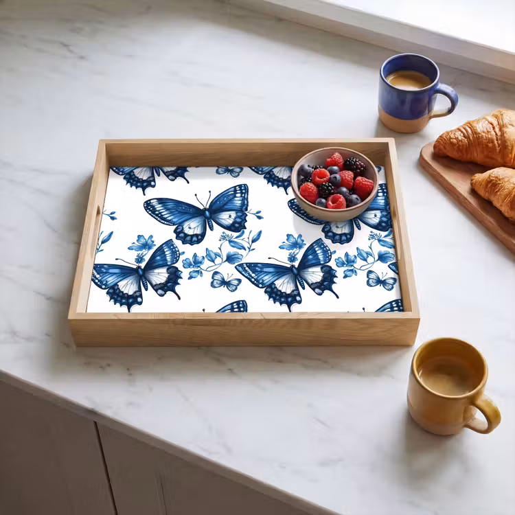 Dienblad - Blauw - Vlinders - Bloemen - Wit — 3
