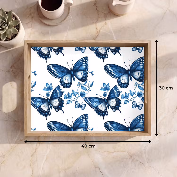 Dienblad - Blauw - Vlinders - Bloemen - Wit — 7