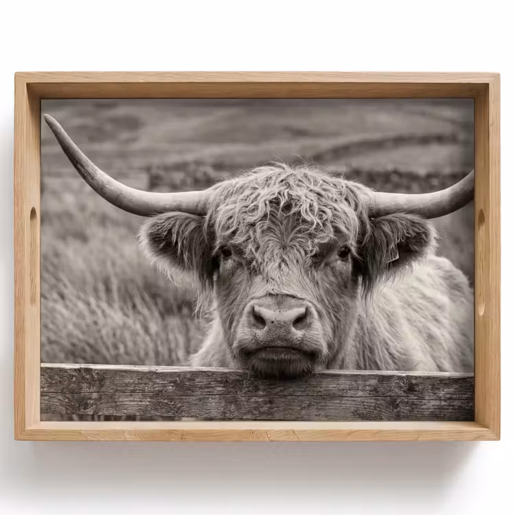 Dienblad - Schotse hooglander - Zwart - Wit - Hout — 1
