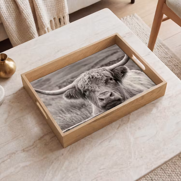 Dienblad - Schotse hooglander - Zwart - Wit - Hout — 2