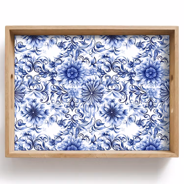 Dienblad - Bloemen - Blauw - Patroon - Wit — 1