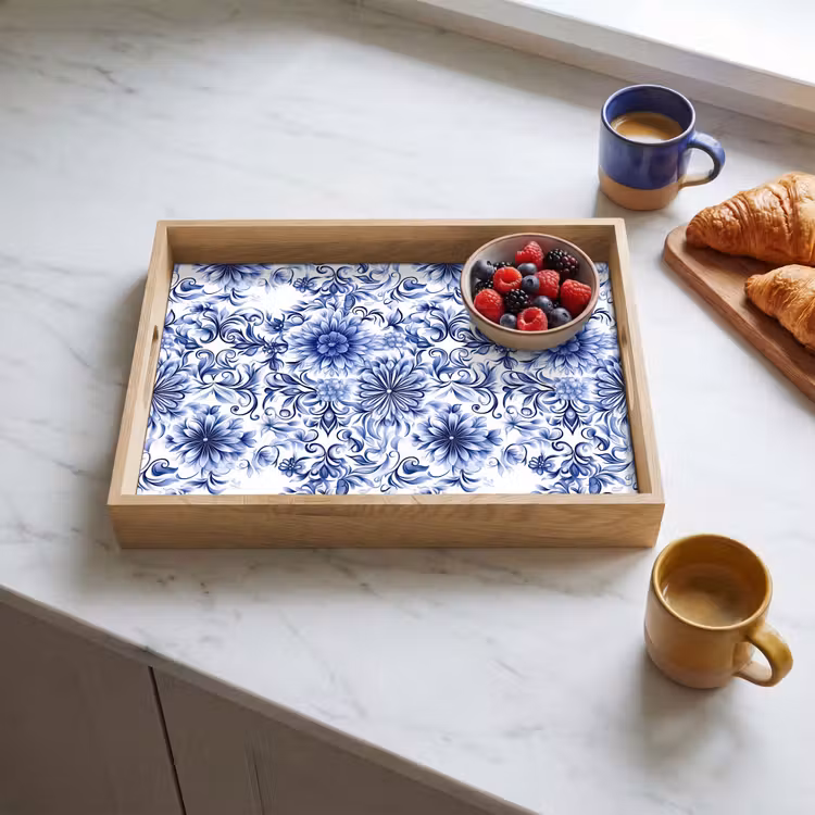 Dienblad - Bloemen - Blauw - Patroon - Wit — 3