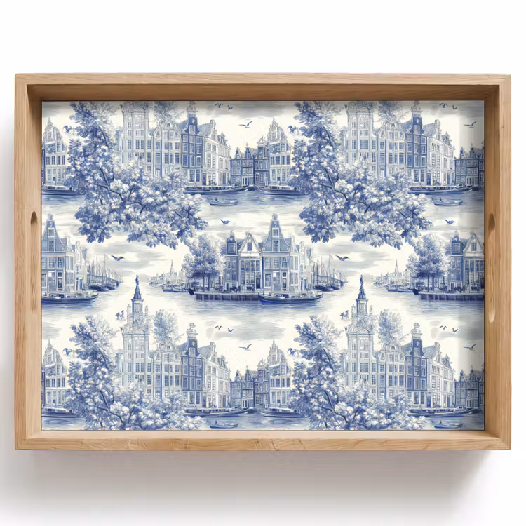 Dienblad - Huizen - Bomen - Water - Vogels - Blauw — 1