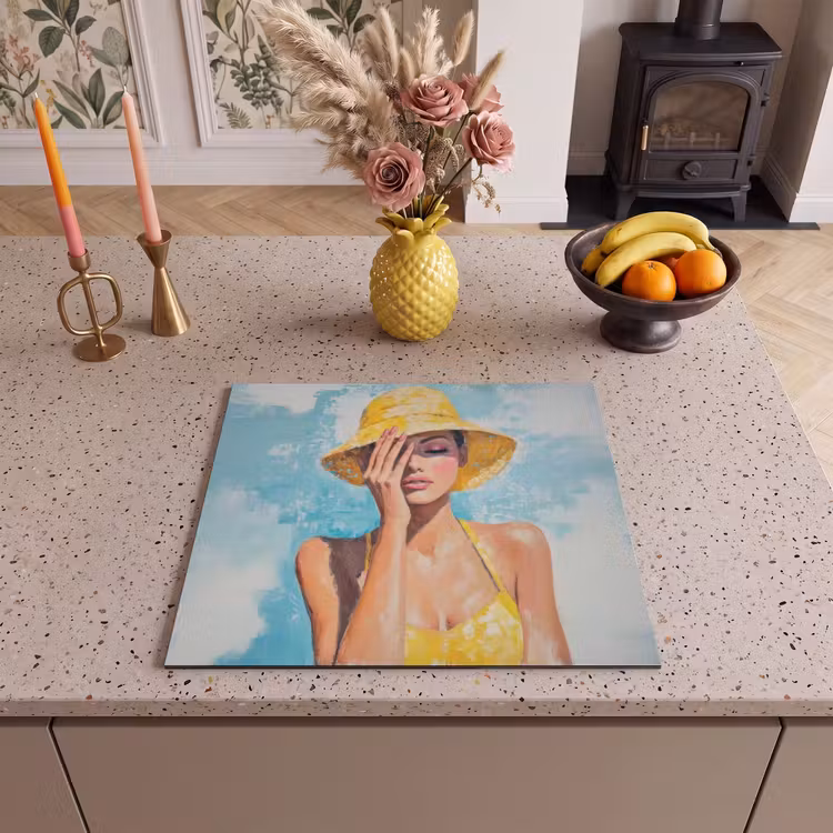Inductie beschermer - Schilderij - Vrouw - Hoed - Geel — 3
