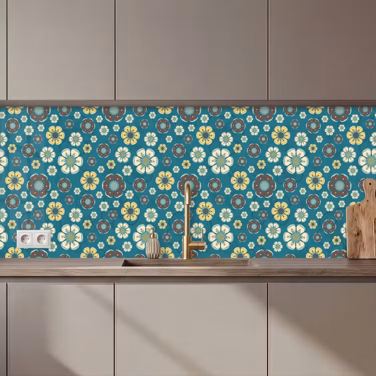Keuken achterwand - Retro - Bloemen - Patronen - Blauw — 1