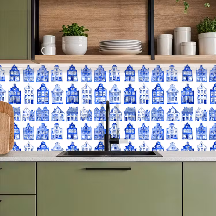 Keuken achterwand - Patroon - Huizen - Blauw — 7