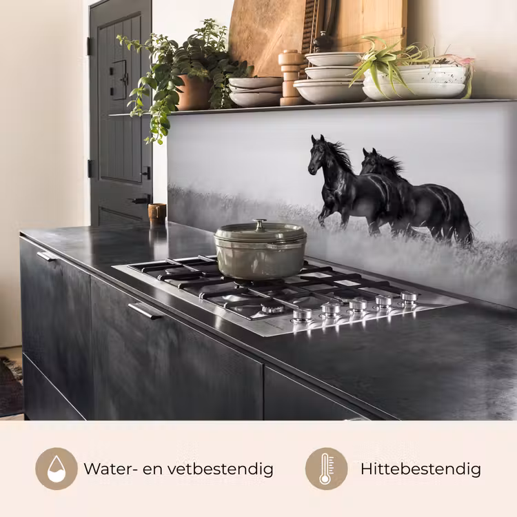 Keuken achterwand - Paarden - Gras - Zwart - Wit — 5