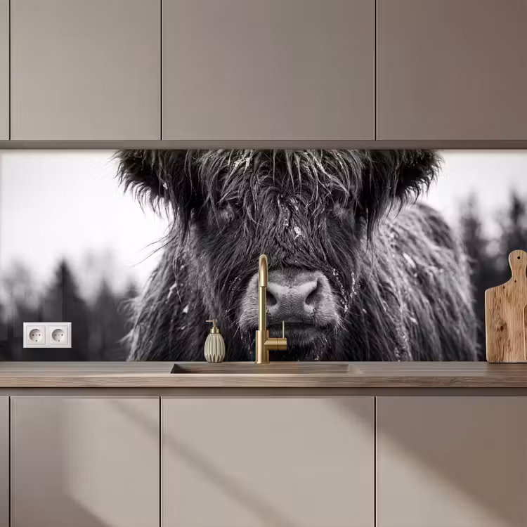 Keuken achterwand - Schotse hooglander - Zwart - Wit - Sneeuwvlokken — 1