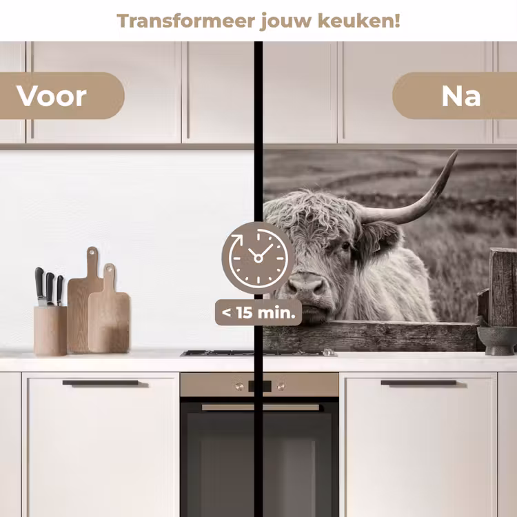 Keuken achterwand - Schotse hooglander - Zwart - Wit - Hout — 3