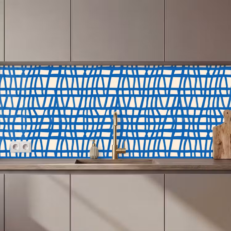 Keuken achterwand - Ruitpatroon - Blauw - Crème — 1