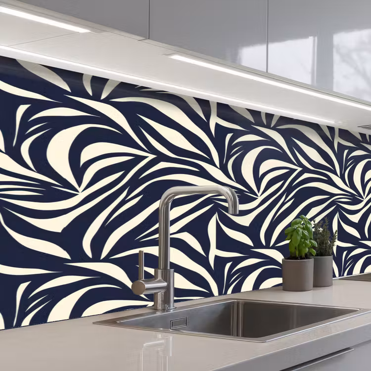Keuken achterwand - Bladvormen - Blauw - Patroon - Wit — 2