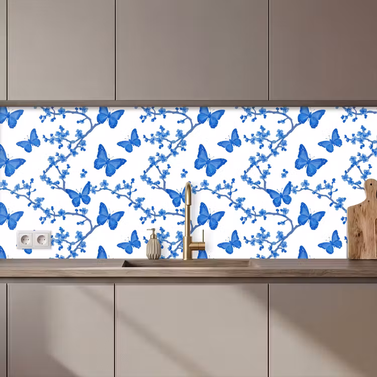 Keuken achterwand - Vlinder - Bloemen - Blauw — 1