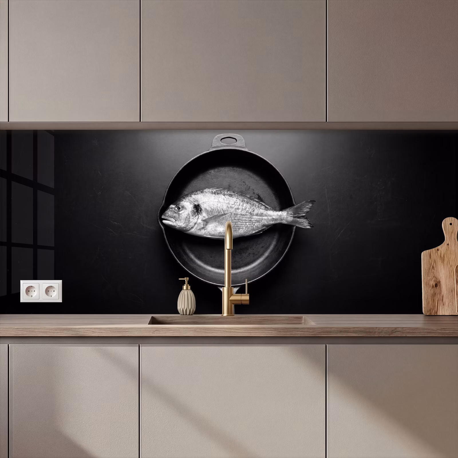 Keuken achterwand - Pan - Vis - Zwart - Wit — 1