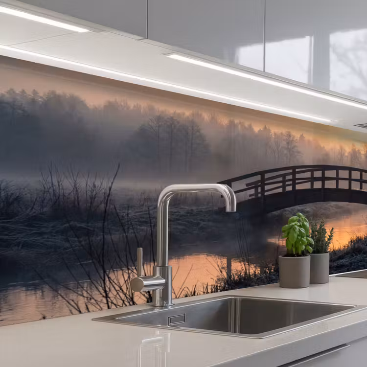 Keuken achterwand - Brug - Mist - Bomen - Water — 2