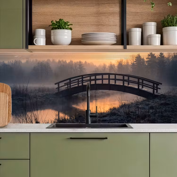 Keuken achterwand - Brug - Mist - Bomen - Water — 7
