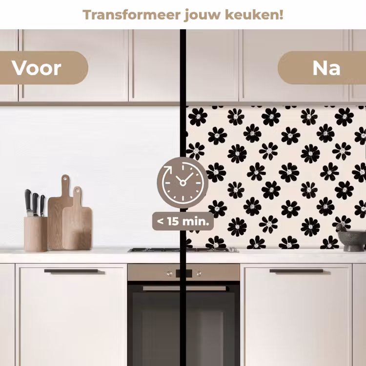 Keuken achterwand - Grafisch - Madeliefjes - Zwart - Beige — 3