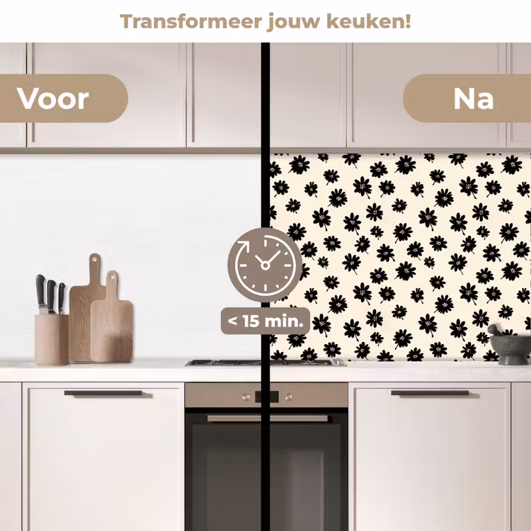 Keuken achterwand - Madeliefjes - Grafisch - Zwart - Beige — 3
