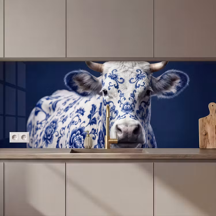 Keuken achterwand - Koe - Delfts - Blauw - Artistiek — 1
