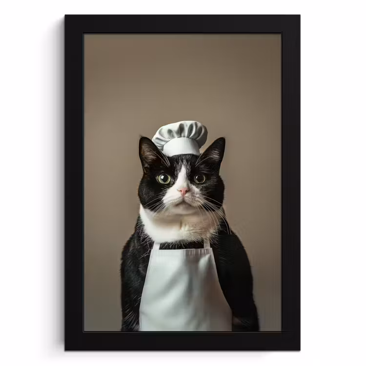 Poster met lijst - Kat - Kokskleding - Zwart - Wit — 1