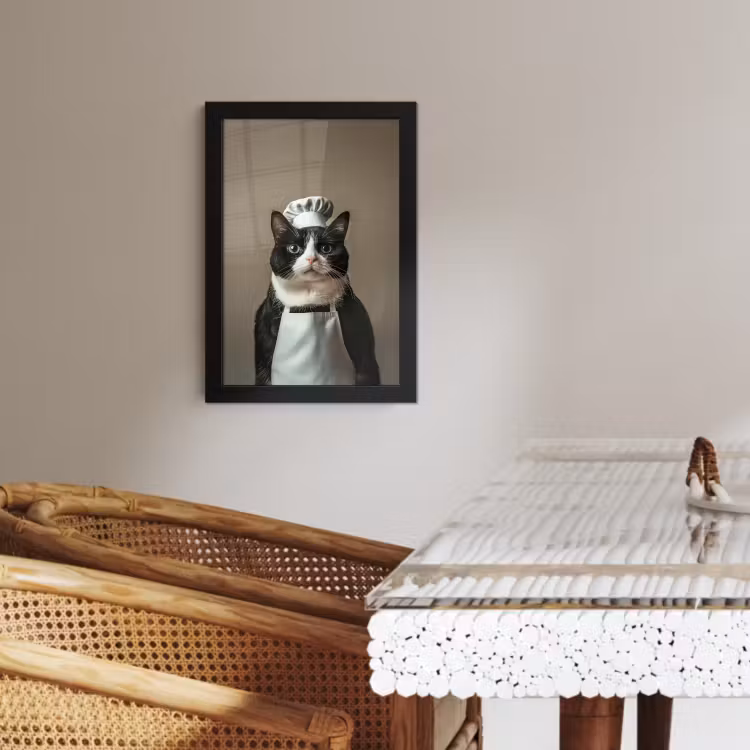 Poster met lijst - Kat - Kokskleding - Zwart - Wit — 3