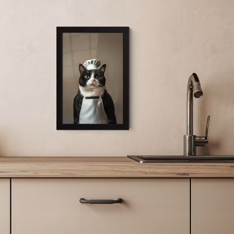 Poster met lijst - Kat - Kokskleding - Zwart - Wit — 4