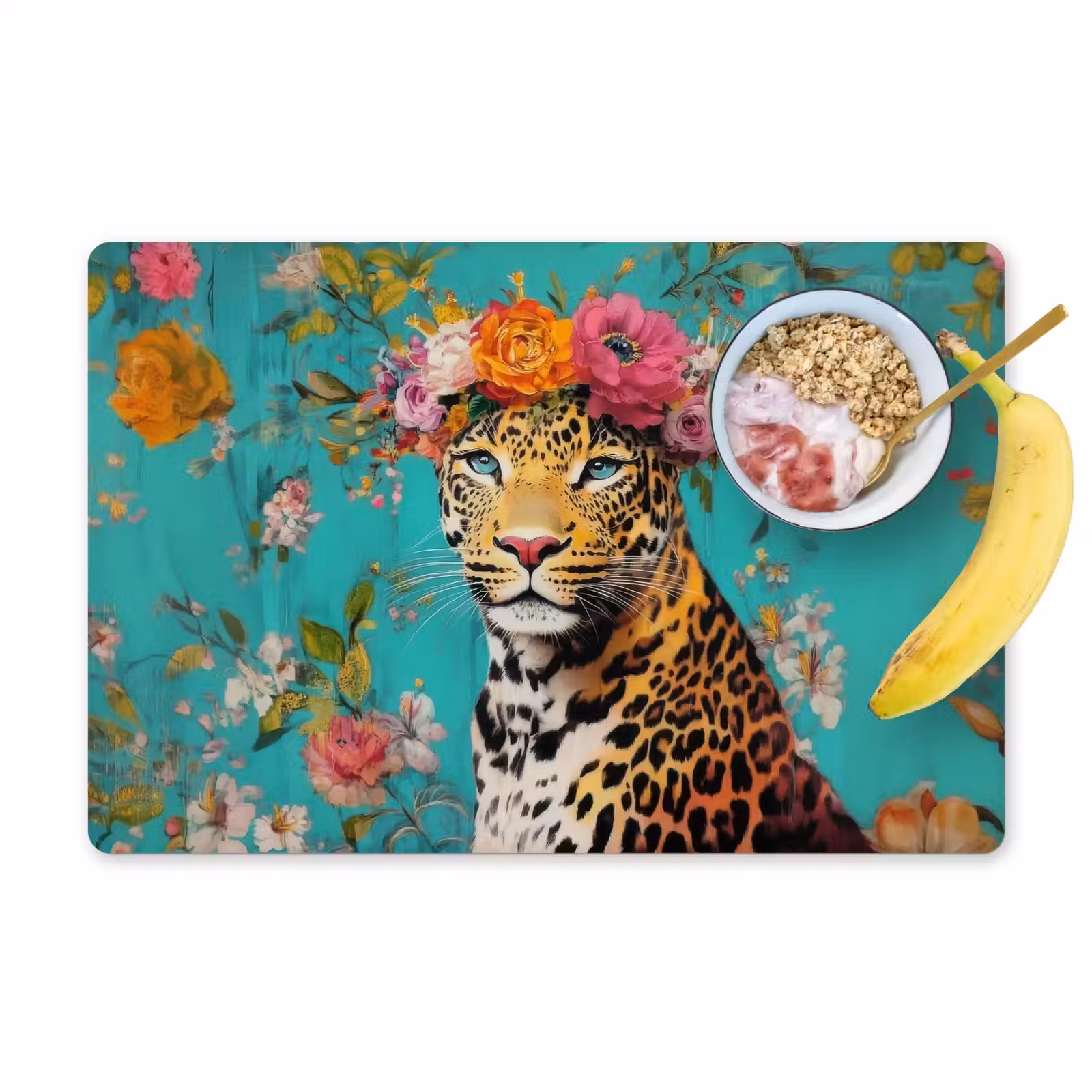 Placemat vinyl - Luipaard - Bloemen - Kroon — 1
