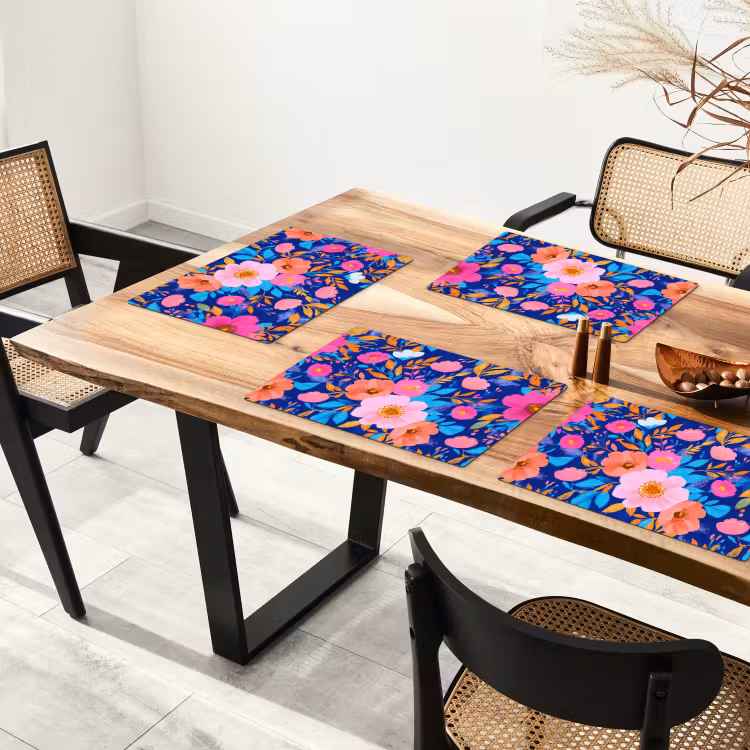Placemat vinyl - Bloemen - Blauw - Roze — 4