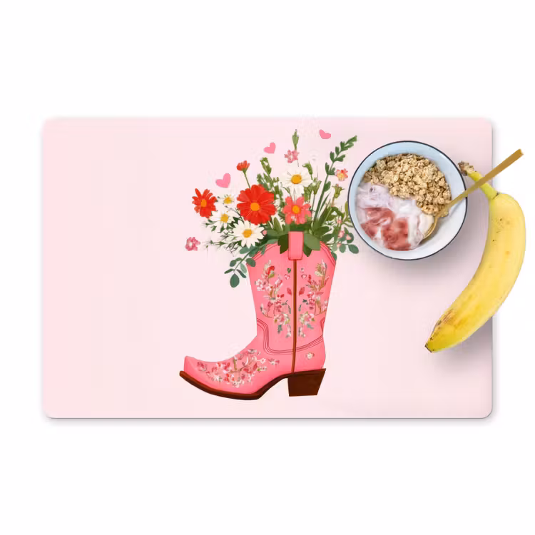 Placemat vinyl - Cowboylaarzen - Roze - Boeket - Bloemen — 1