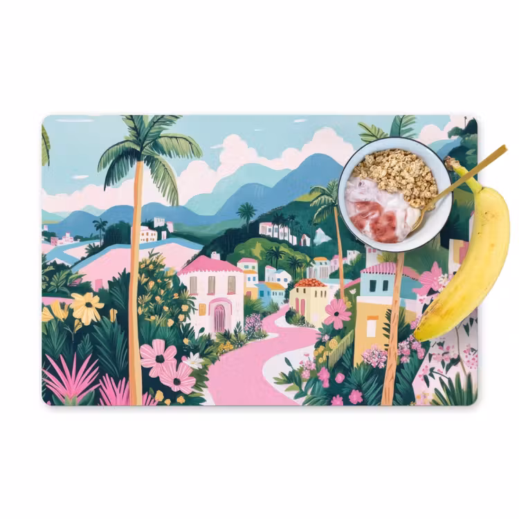 Placemat vinyl - Kleurrijk - Huizen - Heuvels - Roze — 1