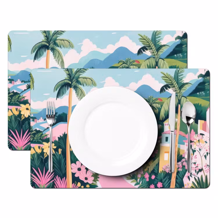Placemat vinyl - Kleurrijk - Huizen - Heuvels - Roze — 2