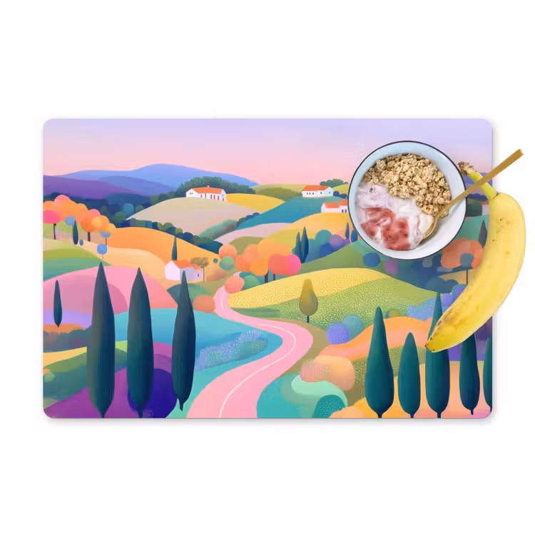 Placemat vinyl - Landschap - Paars - Pastel - Huizen — 1